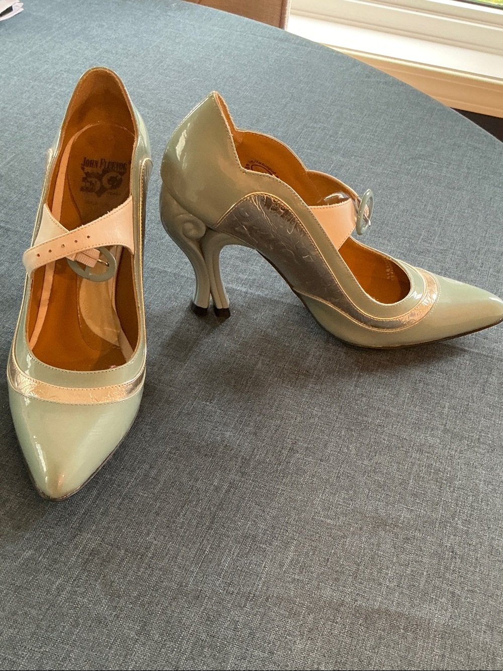 John Fluevog Pale Mint Patent Mary Jane Heels with Cream Strap